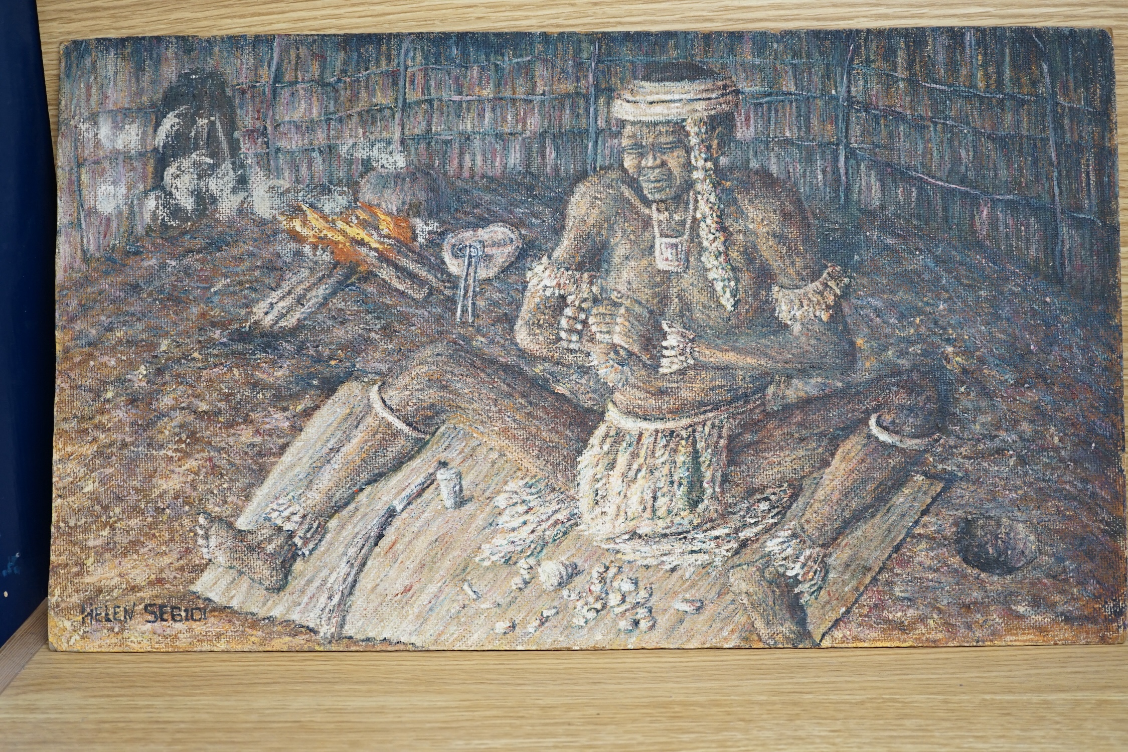 Aboriginal oil on board, Seated figure, indistinctly signed, Helen See?, 30 x 51cm. unframed. Condition - fair